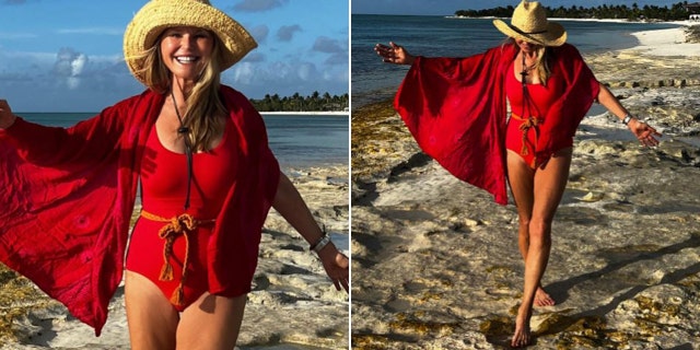 Christie Brinkley in a red bathing suit in Turks and Caicos