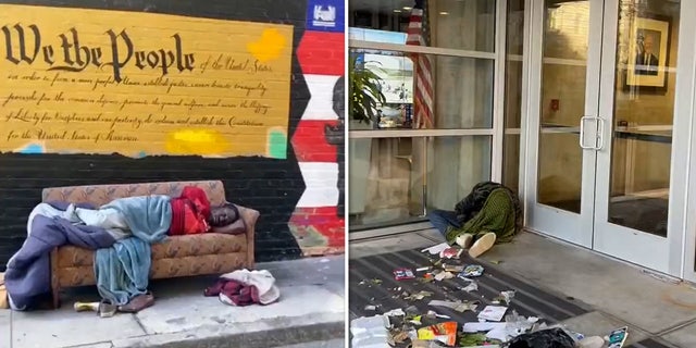 Two photos show people sleeping outside in San Francisco, California