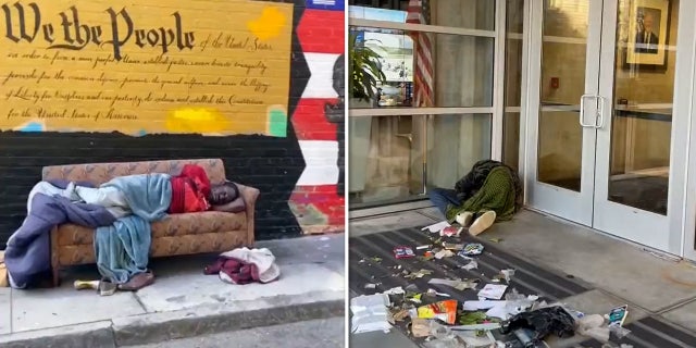 Two photos show people sleeping outside in San Francisco, California