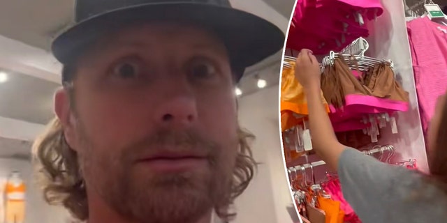 Dierks Bentley looks scared in a store with his daughter shopping for bras split his daughter points to colorful bras
