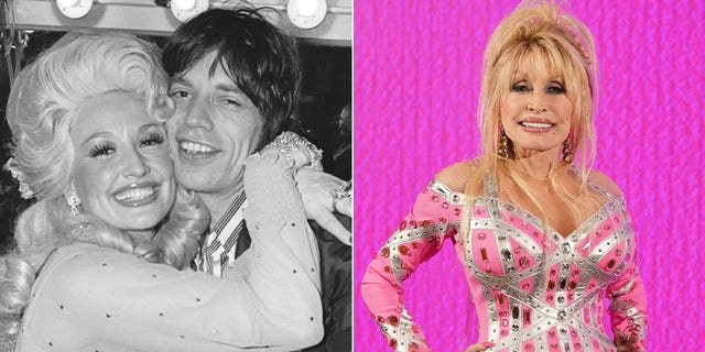 A split image of Dolly Parton with Mick Jagger in 1977 and Dolly Parton now.