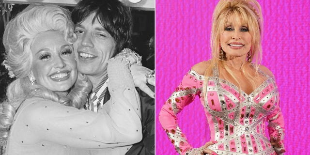 A split image of Dolly Parton with Mick Jagger in 1977 and Dolly Parton now.
