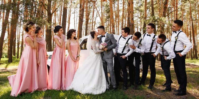 Full wedding party poses outside with bride, groom, bridesmaids and groomsmen.