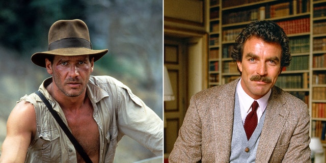 Harrison Ford as Indiana Jones in a unbuttoned shirt and hat split Tom Selleck as Tom Magnum in "Magnum P.I." sitting on a desk