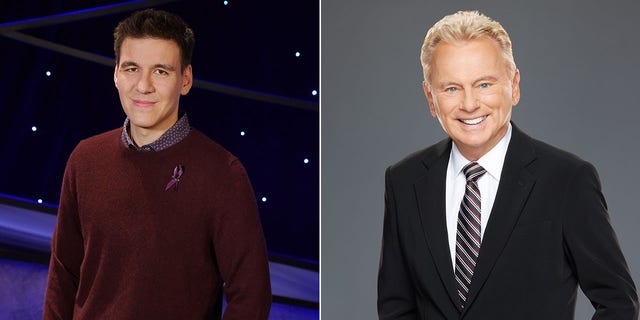 A split image of James Holzhauer and Pat Sajak