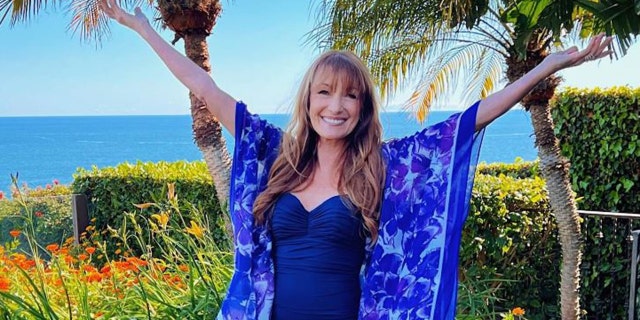 Jane Seymour in a blue bathing suit