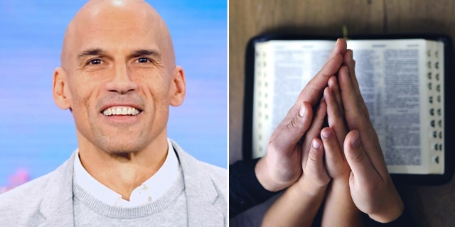 Pastor Jesse Bradley in a split with a parent praying with their child