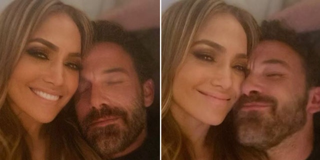 Ben Affleck and Jennifer Lopez smile sweetly for selfies