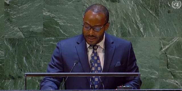 a photo of justin hansford addressing the UN