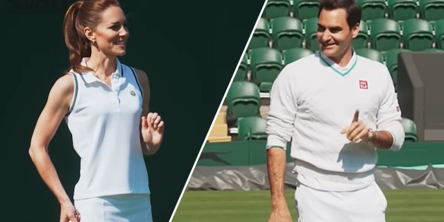Kate Middleton in a white top and skirt holds a tennis racket split Roger Federer on the baseline in white looking back at the Princess of Wales