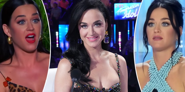 Katy Perry looking shocked on the set of American Idol split Katy Perry smiling for the camera on the set of American Idol during live show split Katy Perry looking confused during American Idol auditions