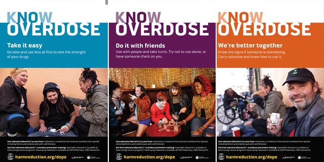 Posters say "Know Overdose" and depict people using drugs