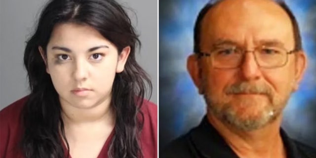 Booking photo of Megan with a black eye next to a portrait of her father wearing glasses.