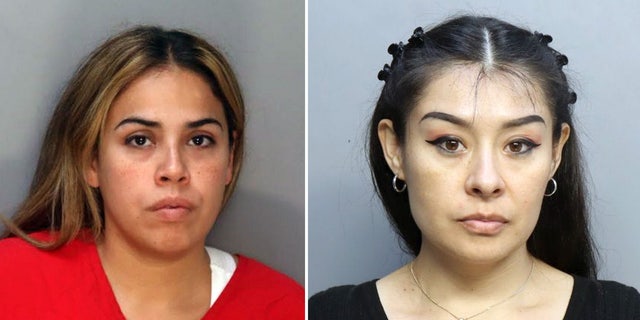 Booking photos show Anna Elicia Perez in a red shirt and Mila Zuloaga with her hair pulled back in braids.