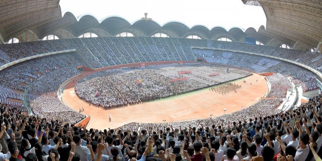 The pictured rally is in Pyongyang