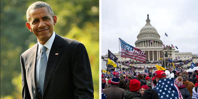 A split photo of Obama and Jan. 6