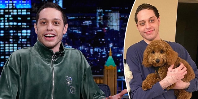 Pete Davidson in a green velour tracksuit on "The Tonight Show with Jimmy Fallon" inset photo of him holding his dog