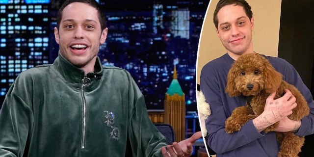 Pete Davidson in a green velour tracksuit on "The Tonight Show with Jimmy Fallon" inset photo of him holding his dog