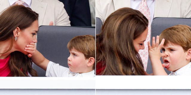 Prince Louis shushes his mother, by putting a hand over her mouth split he makes a funny face and sticks out his tongue