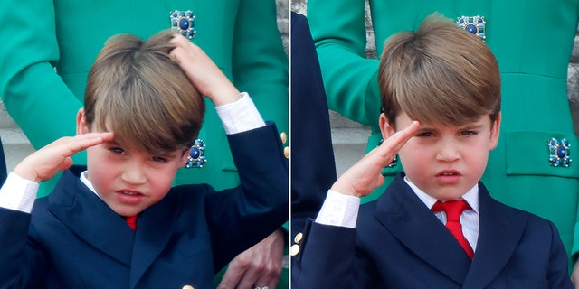Prince Louis holds his hair and starts to make a salute split Prince Louis salutes the crowd on the balcony of Buckingham Palace