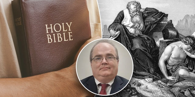 Una biblia dividida con una xilografía del profeta Jeremías.  Una foto insertada del pastor Robinson.