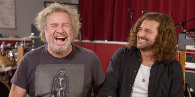 sammy hagar and son andrew laughing in music studio