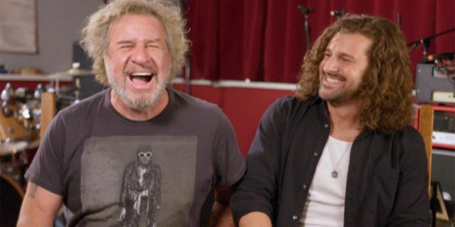 sammy hagar and son andrew laughing in music studio