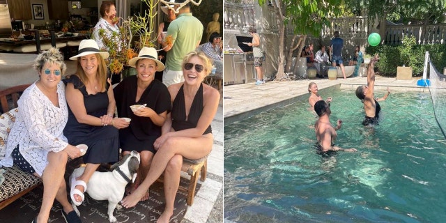 Sharon Stone lounging poolside with friends split with her playing volleyball