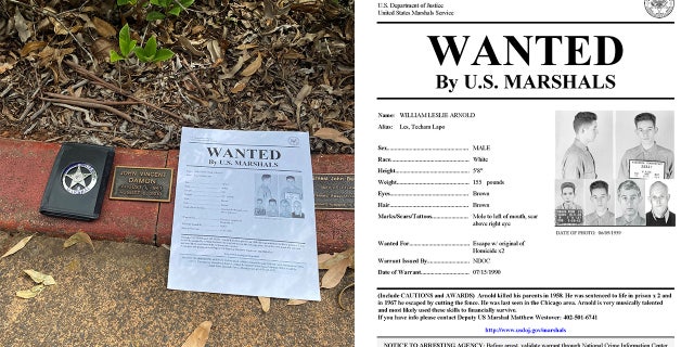 Leslie Arnold wanted poster next to a photo of his grave marker.