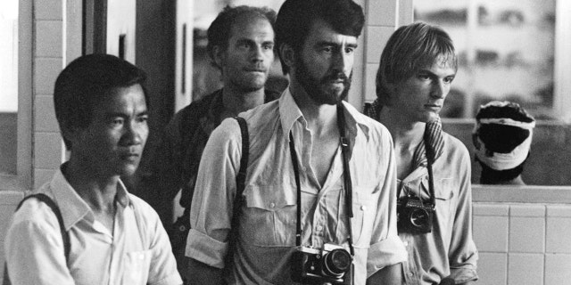 Actors Haing S Ngor, John Malkovich, Sam Waterston and Julian Sands in The Killing Fields