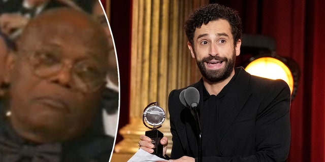 Samuel L. Jackson at the Tony Awards looks less than thrilled split Brandon Uranowitz on stage after winning the Tony Award