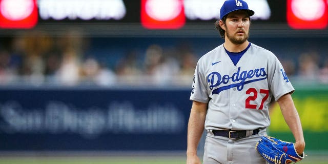 Trevor Bauer pitches for the Dodgers