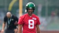 New York Jets quarterback Aaron Rodgers (8) participates in a drill at the NFL football team's training facility in Florham Park, N.J., Thursday, July 20, 2023.
