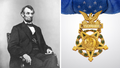 Abe Lincoln seated on the left, On the right is the United States Army Medal of Honor