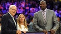 Apr 2, 2013; Los Angeles, CA, USA; Phil Jackson (left) and Jeannie Buss stand with Los Angeles Lakers former player Shaquille ONeal as his jersey is retired during a half time ceremony during the game against the Dallas Mavericks at the Staples Center.