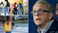 Collage of students with backpacks, students walking at a school, and Ohio Governor Mike DeWine.