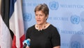NEW YORK, UNITED STATES - 2021/08/06: The Permanent Representative of the United Kingdom to the UN Ambassador Dame Barbara Woodward addressed media at stakeout at UN Headquarters. The Ambassador discussed the Security Council meeting on the situation in Persian Gulf, she accused Iran of being behind a drone attack on the ship off the coast of Oman in which 2 people were killed, one of them British national and another Romanian.