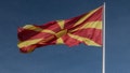 A large Macedonian flag flies in Skopje, North Macedonia, Sept. 28, 2018.