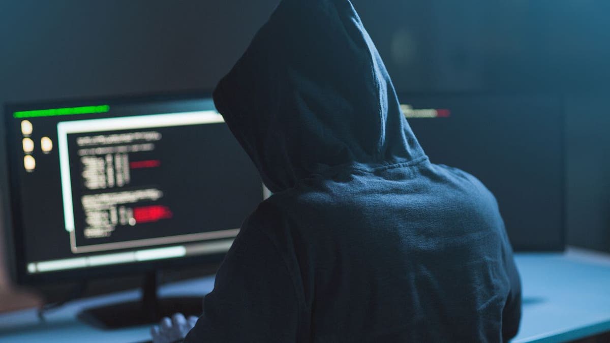 The back of a cybercriminal in hoodie hacking a laptop