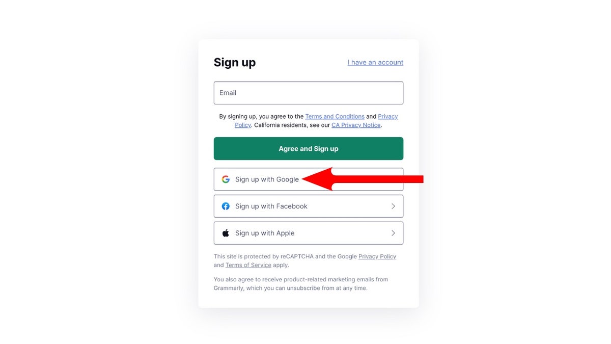 Screenshot of a sign up screen.