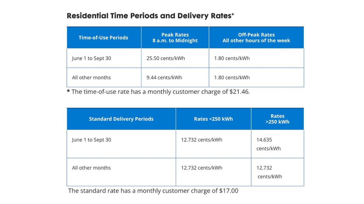 Screenshot of an electric company's time period and rates.