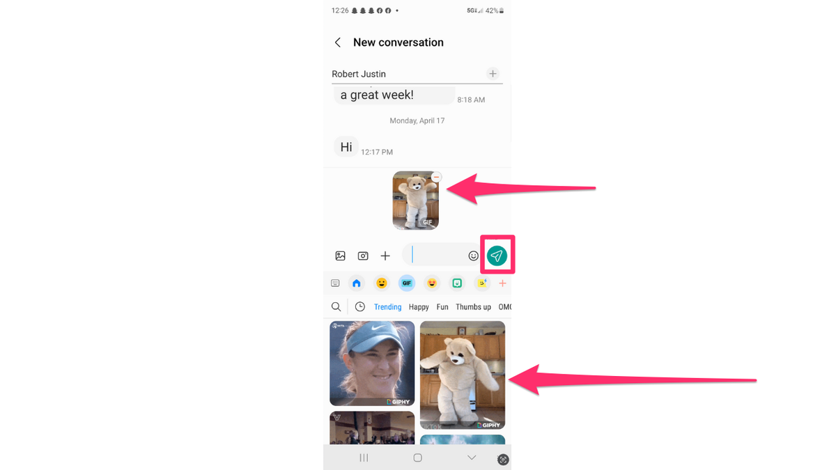 Arrow pointing to GIF and Send button to share