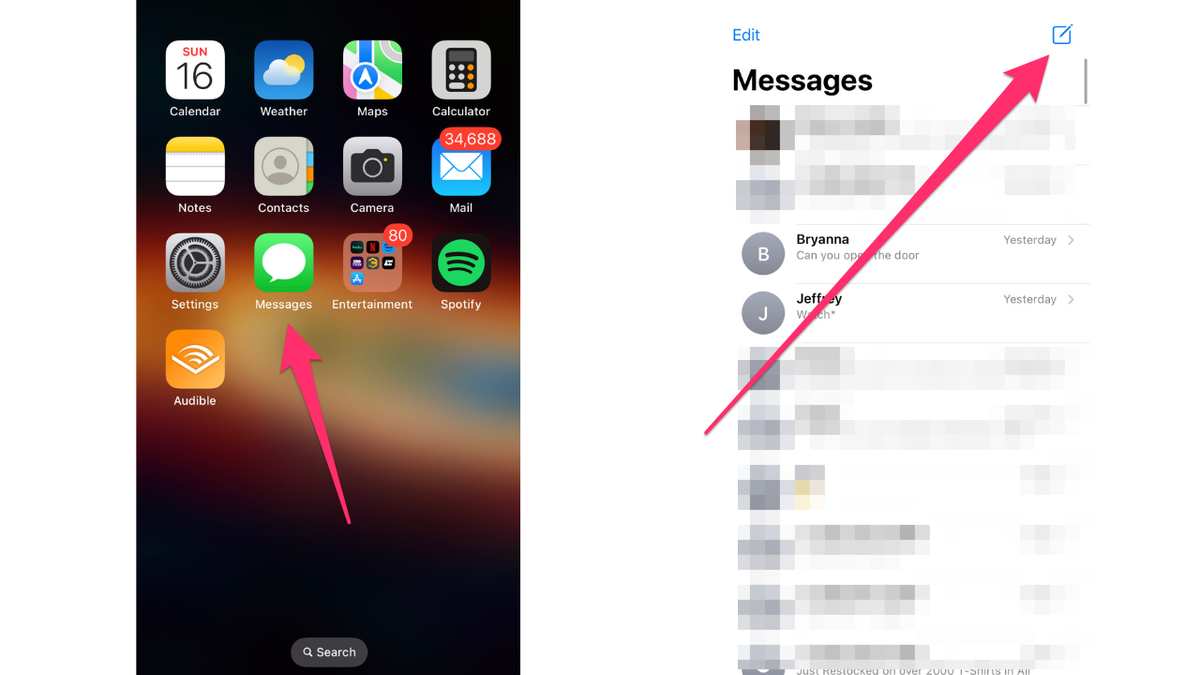 Arrow pointing to Messages app on iPhone and another arrow pointing at the Write icon