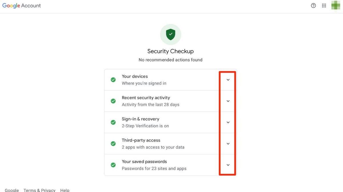 Screenshot of the Google Security Checkup screen.