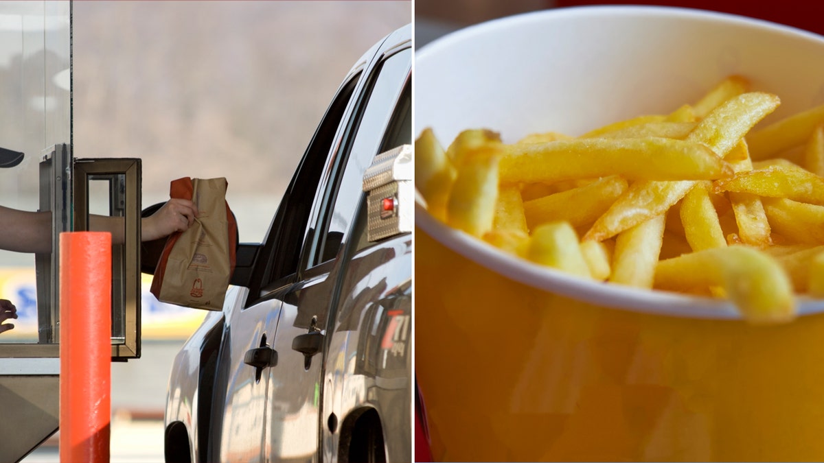 Left: Someone receives fast food drive-thru order. Right: Cup of French fries.