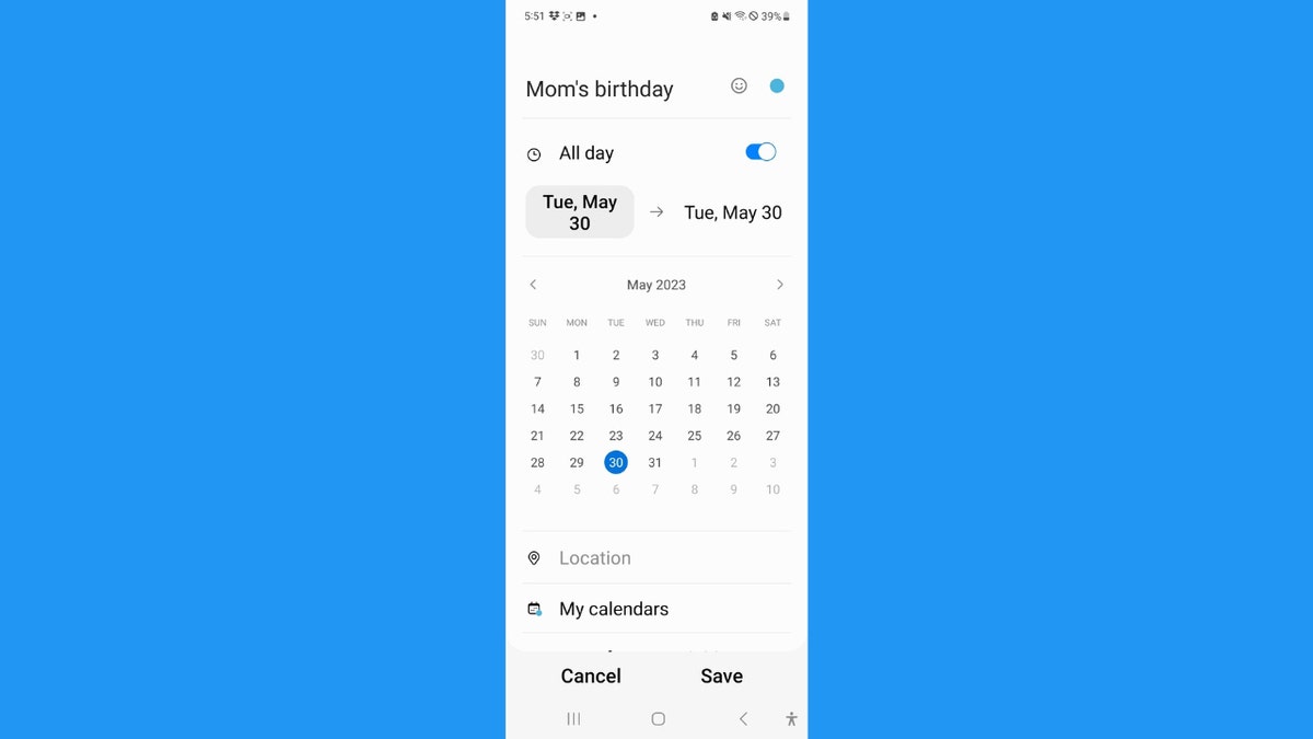 Screenshot of the Android calendar.