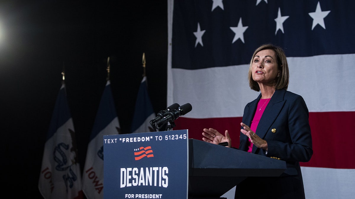 Iowa Governor Kim Reynolds speaking at a Ron DeSantis campaign event