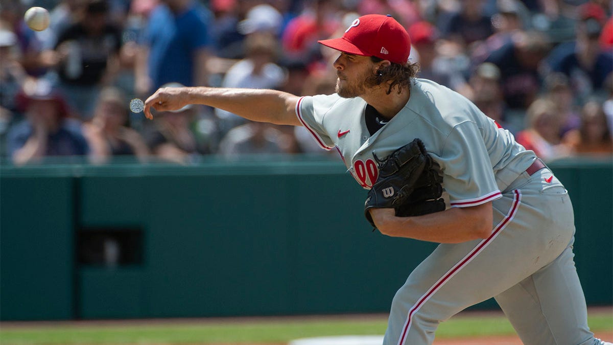 Aaron Nola throws pitch