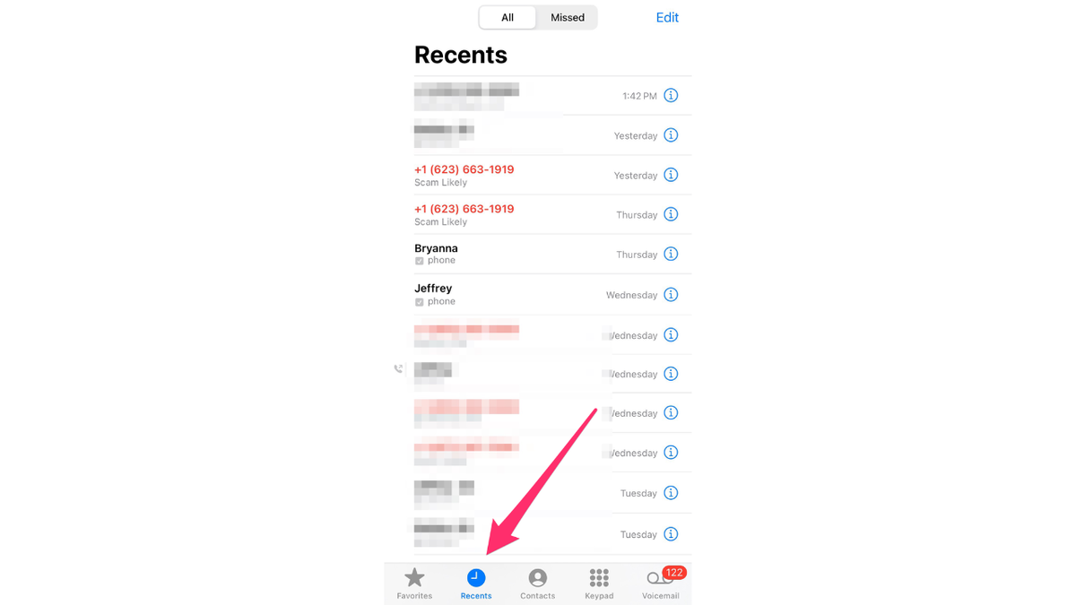 Screenshot of iPhone call log 