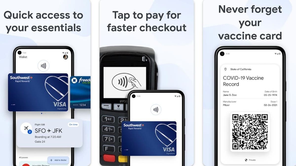 The Google Wallet App shown on an Android with different features including cards and health passes